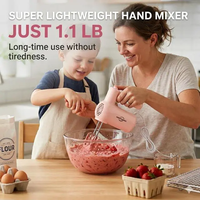 Alt view image 6 of 7 - Electric Hand Mixer, 5-Speed Handheld Mixer for Baking Cakes, Eggs, Cream, 150W Turbo Boost Kitchen Mixer, Pink, Gifts for Women Mother