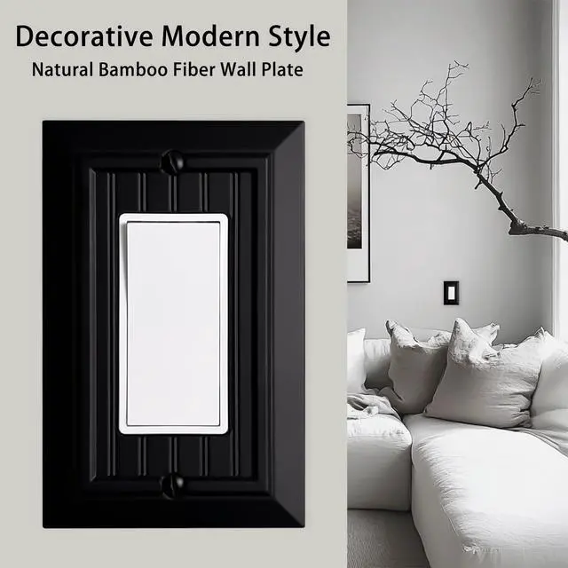 Alt view image 4 of 7 - Beadboard Outlet Covers Wall Plates, Bamboo Fiber Light Switch Covers, Natural Material Electric Receptacle Decorative Switch Plate Outlet Cover Matte Black (1 Gang Decorator 4 Pack)
