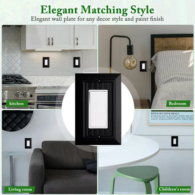 Alt view image 7 of 7 - Beadboard Outlet Covers Wall Plates, Bamboo Fiber Light Switch Covers, Natural Material Electric Receptacle Decorative Switch Plate Outlet Cover Matte Black (1 Gang Decorator 4 Pack)