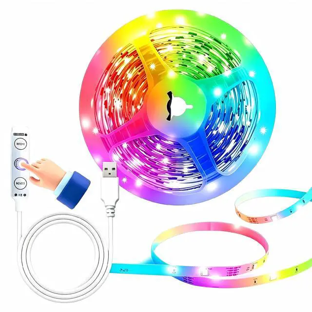 Main image of 5V USB RGB LED Strip Light, USB-Powered, 6.6 ft / 2 m, with Controller, Dimmable, 19 Dynamic Modes, 20 Static Colors, Non-Waterproof (IP20) LED Tape Lights