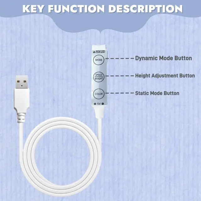 Alt view image 3 of 4 - 5V USB RGB LED Strip Light, USB-Powered, 6.6 ft / 2 m, with Controller, Dimmable, 19 Dynamic Modes, 20 Static Colors, Non-Waterproof (IP20) LED Tape Lights