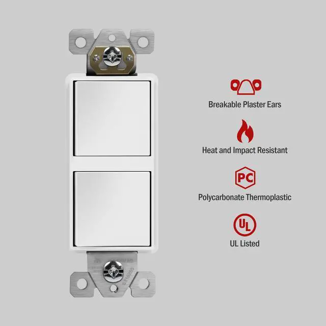 Alt view image 3 of 7 - Double Paddle Rocker Decorator Switch, Clamp-Type Back Insert Wiring, Copper Wires Only, Single Pole, Residential/Commercial Grade, 15A 120-277VAC, 62834-W-N, White (New Model)