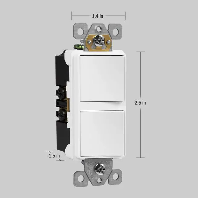 Alt view image 2 of 7 - Double Paddle Rocker Decorator Switch, Clamp-Type Back Insert Wiring, Copper Wires Only, Single Pole, Residential/Commercial Grade, 15A 120-277VAC, 62834-W-N, White (New Model)