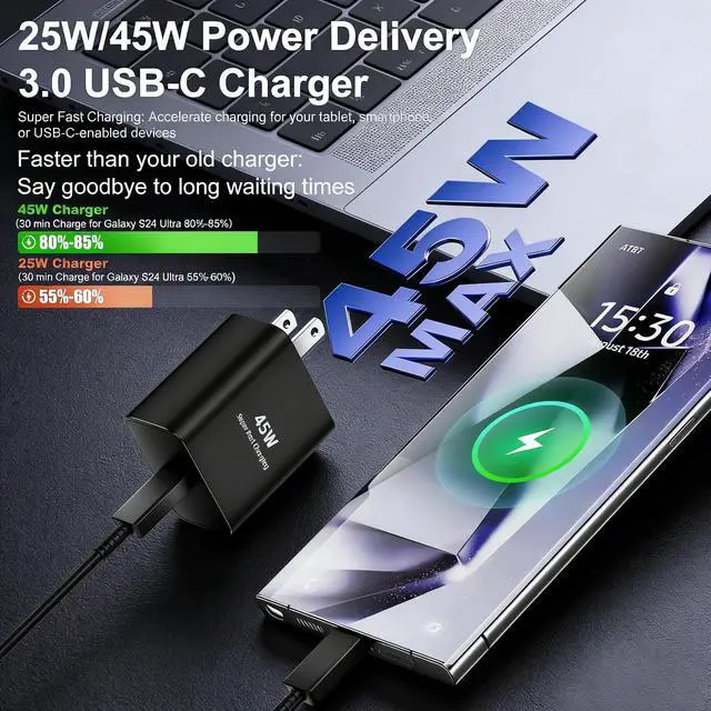 Alt view image 2 of 7 - 45W USB C Charger for Samsung,2-Pack Super Fast Wall Charger Block with 6/10FT Fast Charging Cord for Samsung Galaxy S26 Ultra/S25 Ultra/S24 Ultra/S24+/S23 Ultra/S23+/S22 Plus/S20(Black,10FT)