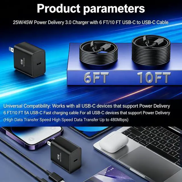 Alt view image 6 of 7 - 45W USB C Charger for Samsung,2-Pack Super Fast Wall Charger Block with 6/10FT Fast Charging Cord for Samsung Galaxy S26 Ultra/S25 Ultra/S24 Ultra/S24+/S23 Ultra/S23+/S22 Plus/S20(Black,10FT)