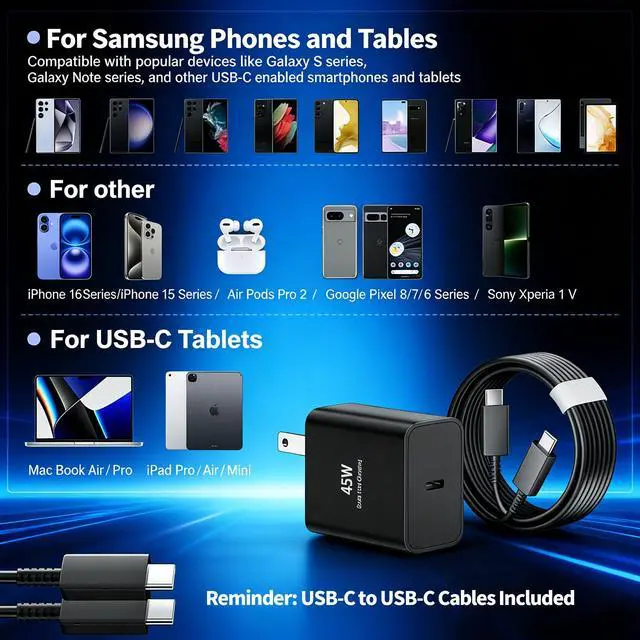 Alt view image 7 of 7 - 45W USB C Charger for Samsung,2-Pack Super Fast Wall Charger Block with 6/10FT Fast Charging Cord for Samsung Galaxy S26 Ultra/S25 Ultra/S24 Ultra/S24+/S23 Ultra/S23+/S22 Plus/S20(Black,10FT)