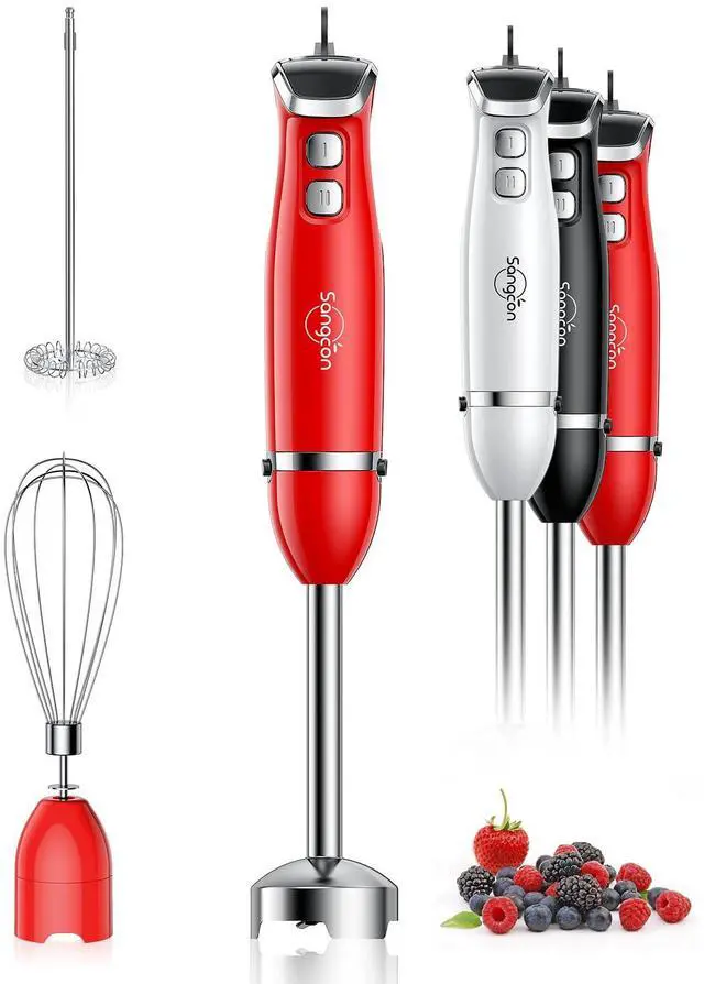 Main image of Immersion Blender Handheld, 3-in-1 Hand Blender Electric, 400W Handheld Blender, Stainless Steel Blade Stick Blender with Whisk, Milk Frother Attachments - Red
