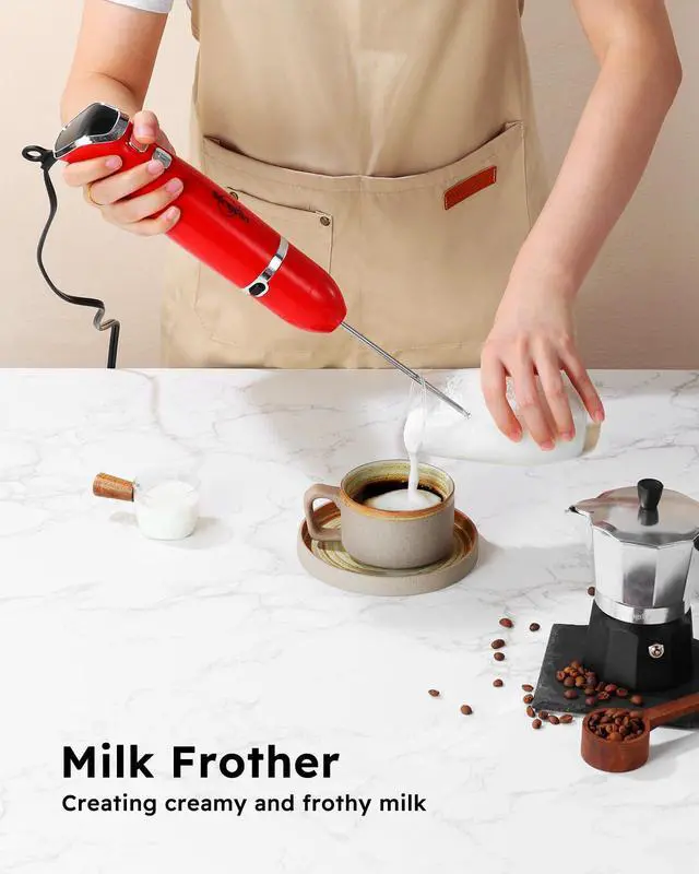 Alt view image 5 of 7 - Immersion Blender Handheld, 3-in-1 Hand Blender Electric, 400W Handheld Blender, Stainless Steel Blade Stick Blender with Whisk, Milk Frother Attachments - Red