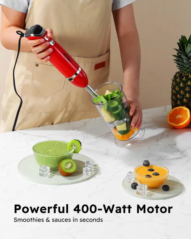 Alt view image 2 of 7 - Immersion Blender Handheld, 3-in-1 Hand Blender Electric, 400W Handheld Blender, Stainless Steel Blade Stick Blender with Whisk, Milk Frother Attachments - Red