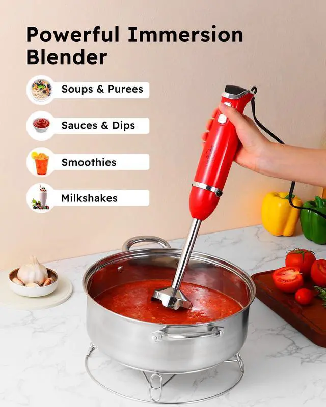 Alt view image 3 of 7 - Immersion Blender Handheld, 3-in-1 Hand Blender Electric, 400W Handheld Blender, Stainless Steel Blade Stick Blender with Whisk, Milk Frother Attachments - Red