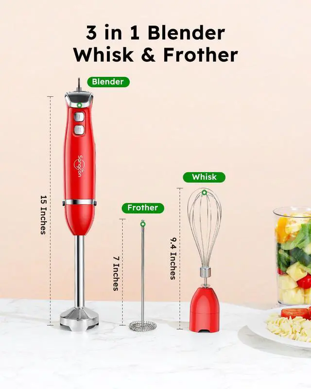 Alt view image 7 of 7 - Immersion Blender Handheld, 3-in-1 Hand Blender Electric, 400W Handheld Blender, Stainless Steel Blade Stick Blender with Whisk, Milk Frother Attachments - Red