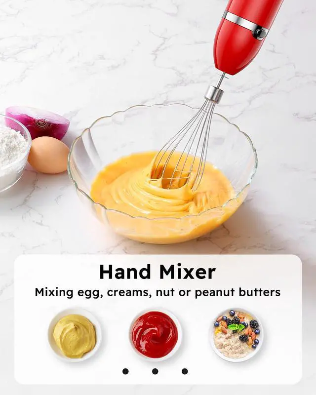 Alt view image 4 of 7 - Immersion Blender Handheld, 3-in-1 Hand Blender Electric, 400W Handheld Blender, Stainless Steel Blade Stick Blender with Whisk, Milk Frother Attachments - Red