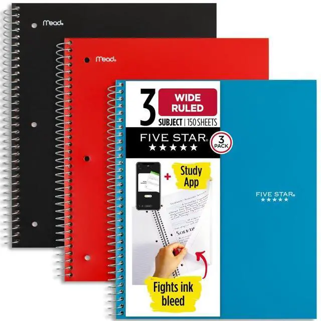 Main image of Spiral Notebook + Study App, 3 Pack, 3 Subject, Wide Ruled Paper, 8" x 10-1/2", Tidewater Blue, Fire Red, Black (930081)