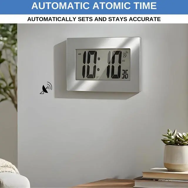 Alt view image 3 of 7 - Atomic Digital Wall Clock Large Display Battery Operated | Large Number Digital Clock Easy Read 3.5" LCD, Wall or Desk Clock, Alarm Snooze, 12/24 Hour for Kitchen Office Living Room