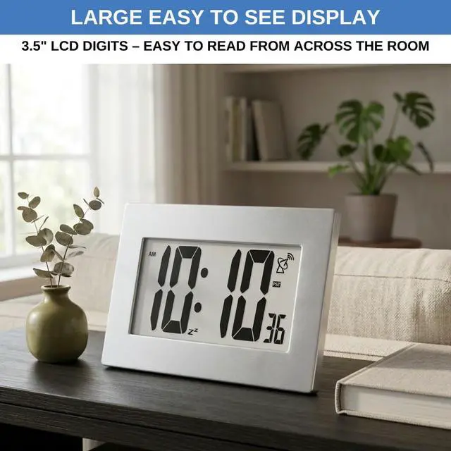 Alt view image 2 of 7 - Atomic Digital Wall Clock Large Display Battery Operated | Large Number Digital Clock Easy Read 3.5" LCD, Wall or Desk Clock, Alarm Snooze, 12/24 Hour for Kitchen Office Living Room