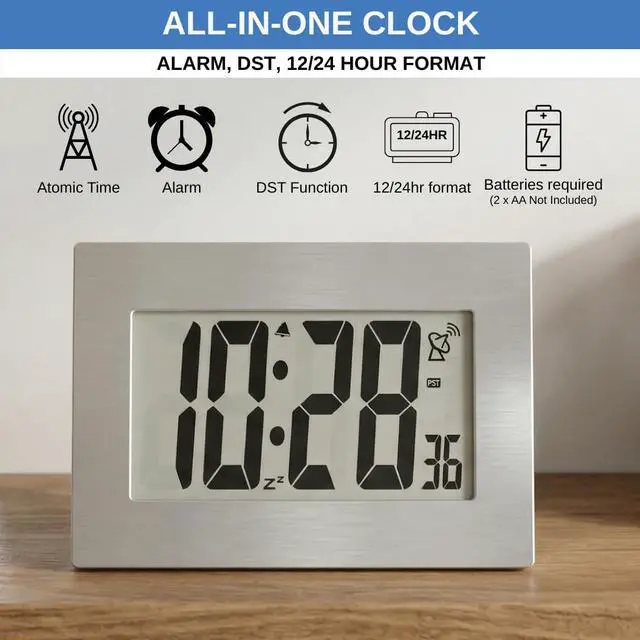 Alt view image 4 of 7 - Atomic Digital Wall Clock Large Display Battery Operated | Large Number Digital Clock Easy Read 3.5" LCD, Wall or Desk Clock, Alarm Snooze, 12/24 Hour for Kitchen Office Living Room