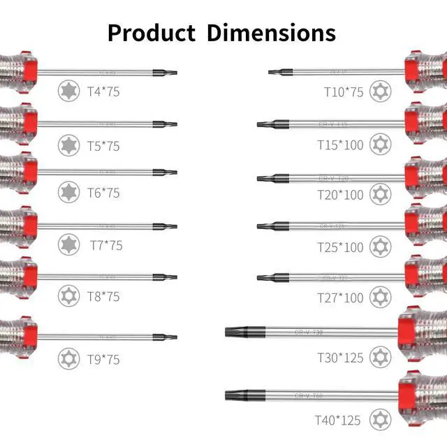 Alt view image 2 of 6 - 13-Piece Magnetic Torx Screwdrivers Set, Security Tamper Proof, T4T5T6T7T8T9T10T15T20T25T27T30T40 (red)