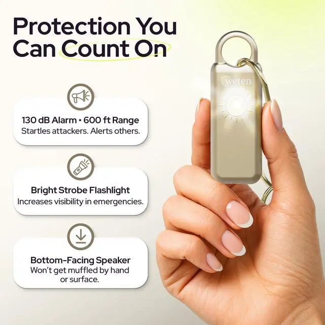 Alt view image 2 of 7 - Personal Safety Alarm Keychain 130dB Siren with Bottom Speaker, LED Light, Wristlet & Carabiner Clip Weatherproof Self Defense Alarm with Low Battery Alert (Gold Satin)