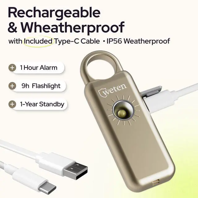Alt view image 4 of 7 - Personal Safety Alarm Keychain 130dB Siren with Bottom Speaker, LED Light, Wristlet & Carabiner Clip Weatherproof Self Defense Alarm with Low Battery Alert (Gold Satin)