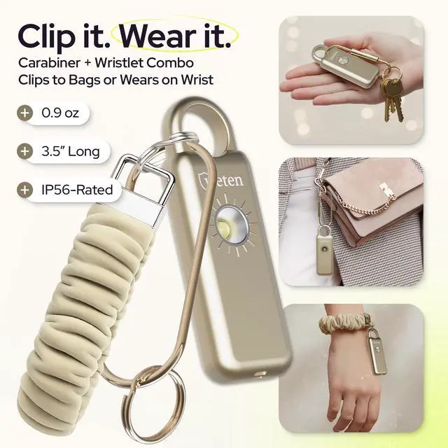 Alt view image 5 of 7 - Personal Safety Alarm Keychain 130dB Siren with Bottom Speaker, LED Light, Wristlet & Carabiner Clip Weatherproof Self Defense Alarm with Low Battery Alert (Gold Satin)