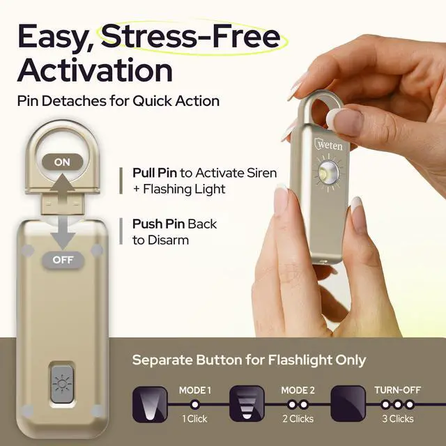 Alt view image 3 of 7 - Personal Safety Alarm Keychain 130dB Siren with Bottom Speaker, LED Light, Wristlet & Carabiner Clip Weatherproof Self Defense Alarm with Low Battery Alert (Gold Satin)