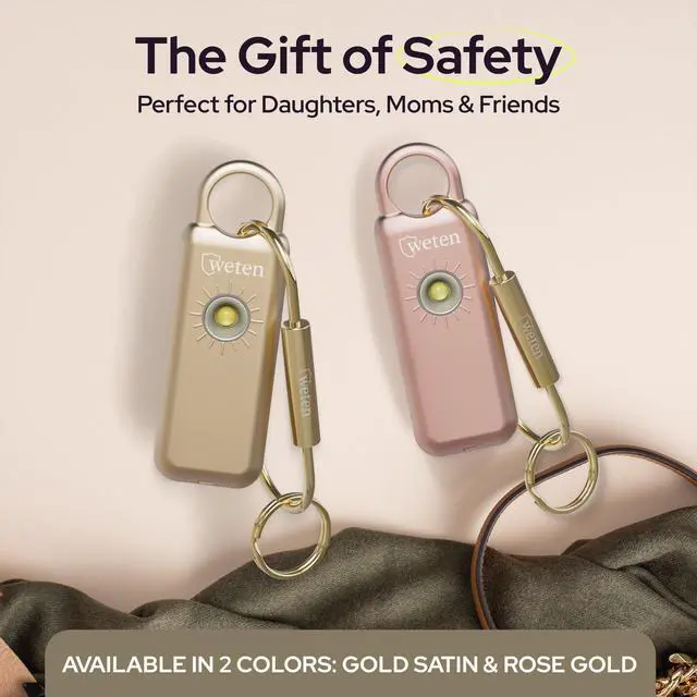 Alt view image 7 of 7 - Personal Safety Alarm Keychain 130dB Siren with Bottom Speaker, LED Light, Wristlet & Carabiner Clip Weatherproof Self Defense Alarm with Low Battery Alert (Gold Satin)