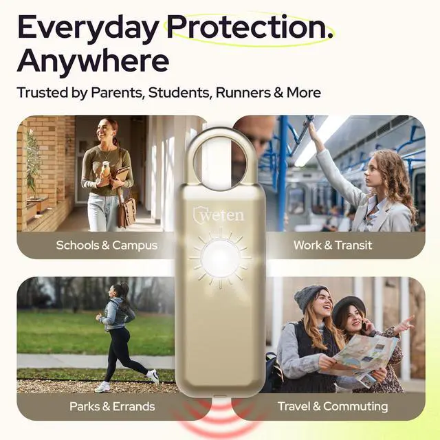 Alt view image 6 of 7 - Personal Safety Alarm Keychain 130dB Siren with Bottom Speaker, LED Light, Wristlet & Carabiner Clip Weatherproof Self Defense Alarm with Low Battery Alert (Gold Satin)