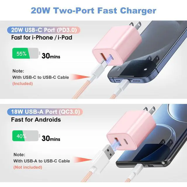Alt view image 7 of 7 - 4-Pack for iPhone 15 16 17 Charger Fast Charging, 20W Dual Port Type C Charger Fast Charging Colorful USB C Charger Block with 6FT USB C to C Cable for iPhone 17 Pro Max/16 Pro Max/15 Pro Max/iPad Pro