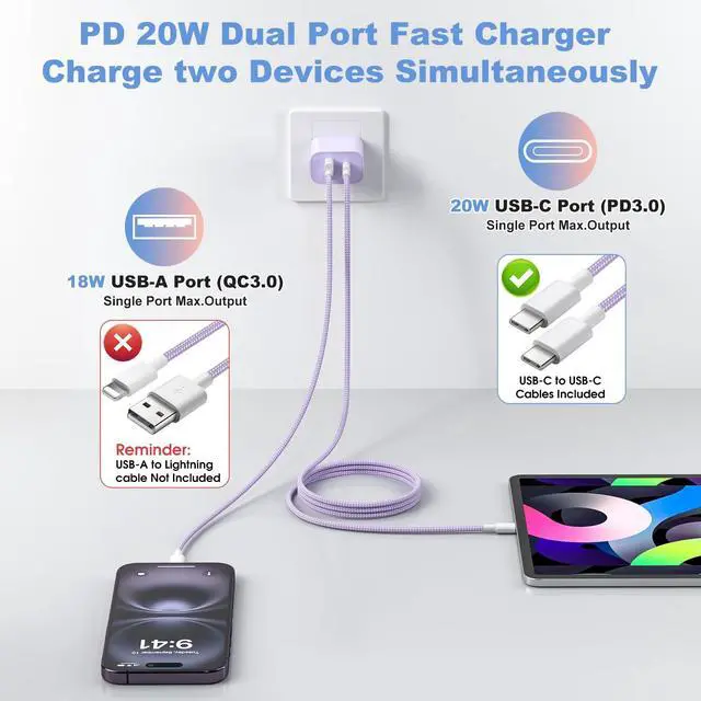 Alt view image 2 of 7 - 4-Pack for iPhone 15 16 17 Charger Fast Charging, 20W Dual Port Type C Charger Fast Charging Colorful USB C Charger Block with 6FT USB C to C Cable for iPhone 17 Pro Max/16 Pro Max/15 Pro Max/iPad Pro