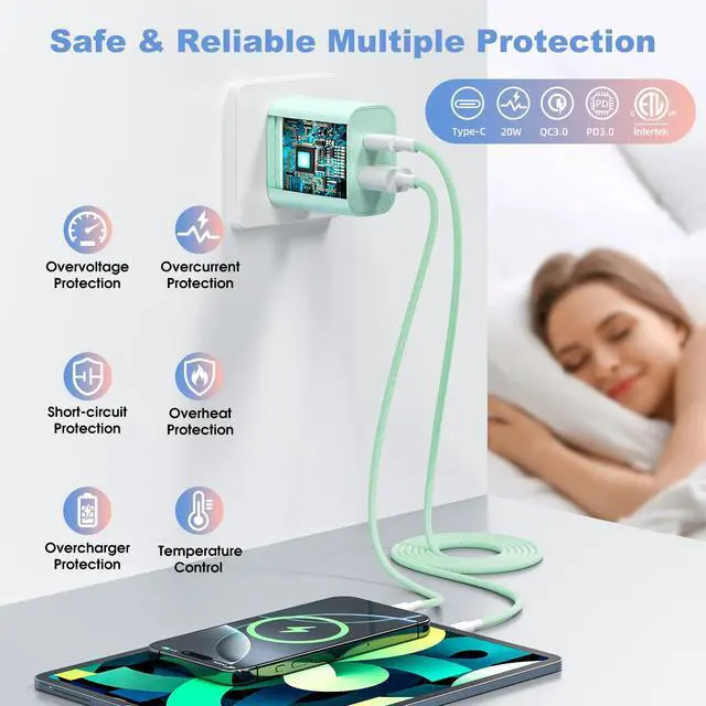 Alt view image 4 of 7 - 4-Pack for iPhone 15 16 17 Charger Fast Charging, 20W Dual Port Type C Charger Fast Charging Colorful USB C Charger Block with 6FT USB C to C Cable for iPhone 17 Pro Max/16 Pro Max/15 Pro Max/iPad Pro