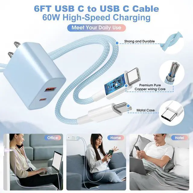 Alt view image 6 of 7 - 4-Pack for iPhone 15 16 17 Charger Fast Charging, 20W Dual Port Type C Charger Fast Charging Colorful USB C Charger Block with 6FT USB C to C Cable for iPhone 17 Pro Max/16 Pro Max/15 Pro Max/iPad Pro