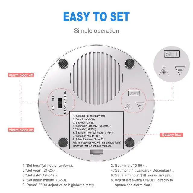Alt view image 2 of 7 - Large Talking Clock for Visually impaired- Telling Time, Date and Week of Day, Perfect for The Blind, Elderly or Visually impaired-(RED+Silver)