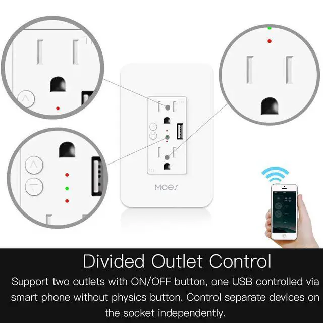 Alt view image 4 of 7 - WiFi Smart Wall Outlet,15A Divided Control 2 in Wall Socket with USB Interface,Smart Life/Tuya APP Remote Control Compatible with Alexa and Google Home No Hub Required, ETL Certified, 2.4G WiFi