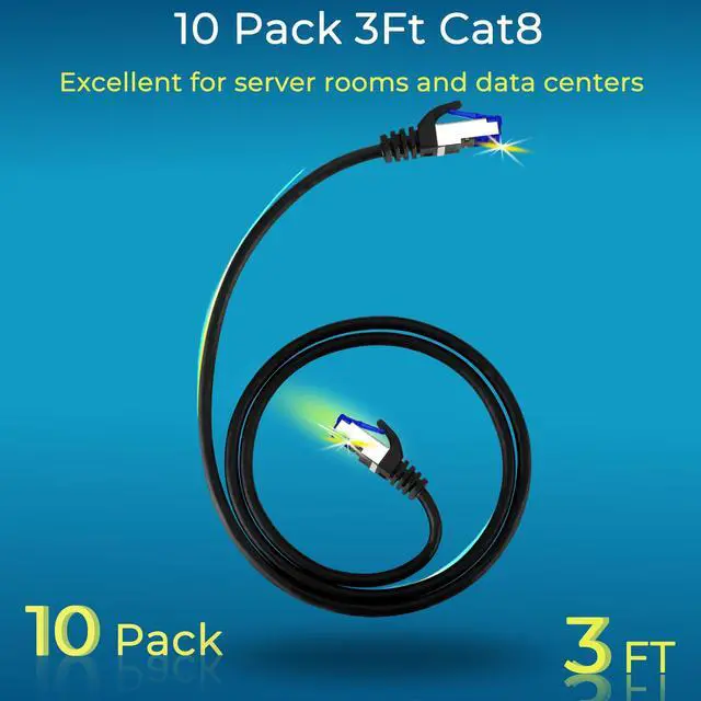Alt view image 2 of 6 - Patch Cables Cat8 3ft 10 Pack Slim, Cat8 Ethernet Patch Cable 40G Support, Snagless Cat 8 Patch Cable for Patch Panel to Switch, Flexiable Cat 8 Ethernet Cable Datacenter with Gold Plated