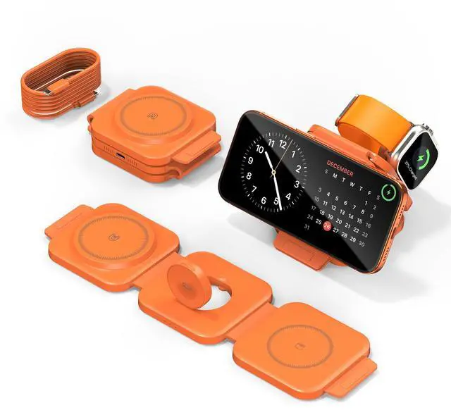Main image of 3 in 1 Charging Station for Apple Multiple Devices, Foldable Magnetic Fast Wireless Charger Dock, Travel Charging Pad for iPhone 17 16 15 14 13 12 Pro Max Plus Apple Watch Series & AirPods Orange