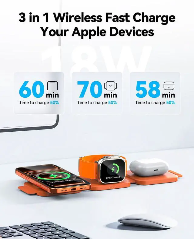 Alt view image 2 of 7 - 3 in 1 Charging Station for Apple Multiple Devices, Foldable Magnetic Fast Wireless Charger Dock, Travel Charging Pad for iPhone 17 16 15 14 13 12 Pro Max Plus Apple Watch Series & AirPods Orange