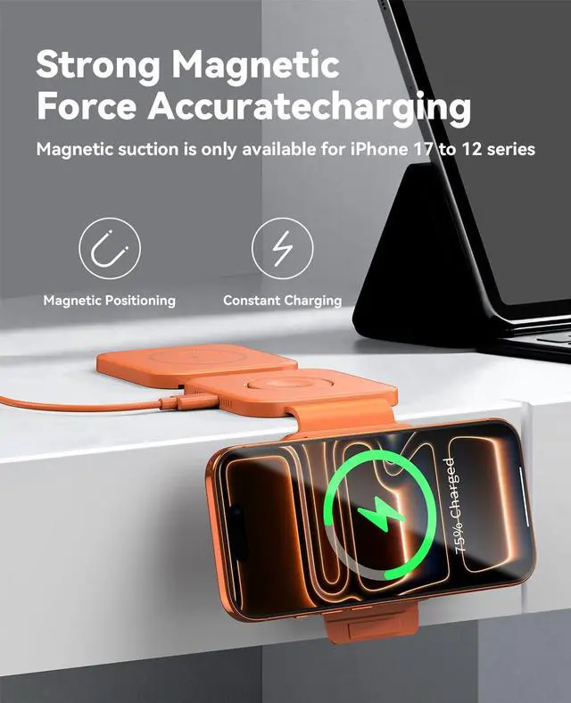 Alt view image 4 of 7 - 3 in 1 Charging Station for Apple Multiple Devices, Foldable Magnetic Fast Wireless Charger Dock, Travel Charging Pad for iPhone 17 16 15 14 13 12 Pro Max Plus Apple Watch Series & AirPods Orange