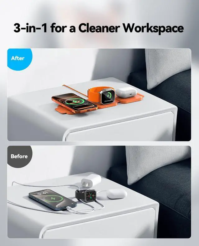 Alt view image 7 of 7 - 3 in 1 Charging Station for Apple Multiple Devices, Foldable Magnetic Fast Wireless Charger Dock, Travel Charging Pad for iPhone 17 16 15 14 13 12 Pro Max Plus Apple Watch Series & AirPods Orange