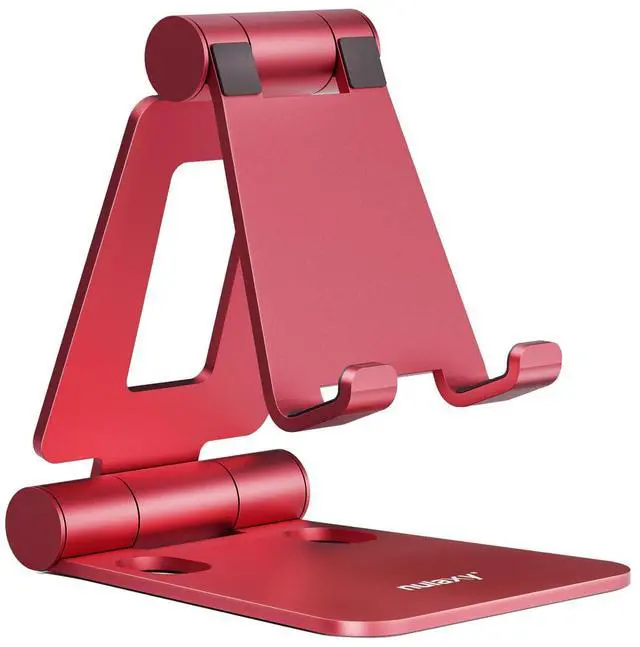 Main image of Dual Folding Cell Phone Stand, Fully Adjustable Foldable Desktop Phone Holder Cradle Dock Compatible with iPhone 17 16 15 14 13 12 11 Pro Max Xs Xr X 8, Nintendo Switch, All Phones - Red