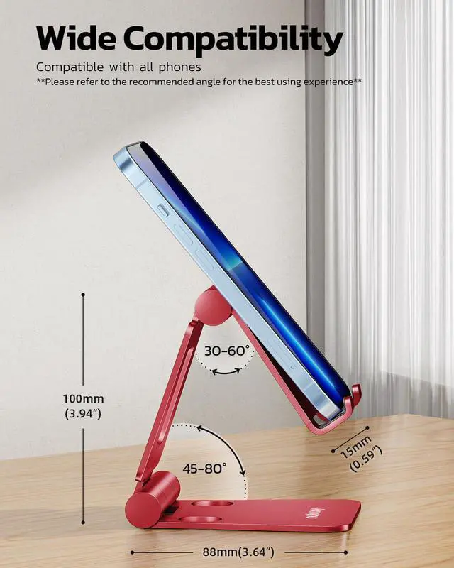 Alt view image 2 of 6 - Dual Folding Cell Phone Stand, Fully Adjustable Foldable Desktop Phone Holder Cradle Dock Compatible with iPhone 17 16 15 14 13 12 11 Pro Max Xs Xr X 8, Nintendo Switch, All Phones - Red