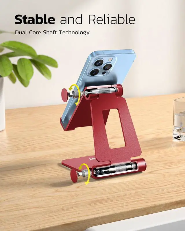 Alt view image 4 of 6 - Dual Folding Cell Phone Stand, Fully Adjustable Foldable Desktop Phone Holder Cradle Dock Compatible with iPhone 17 16 15 14 13 12 11 Pro Max Xs Xr X 8, Nintendo Switch, All Phones - Red