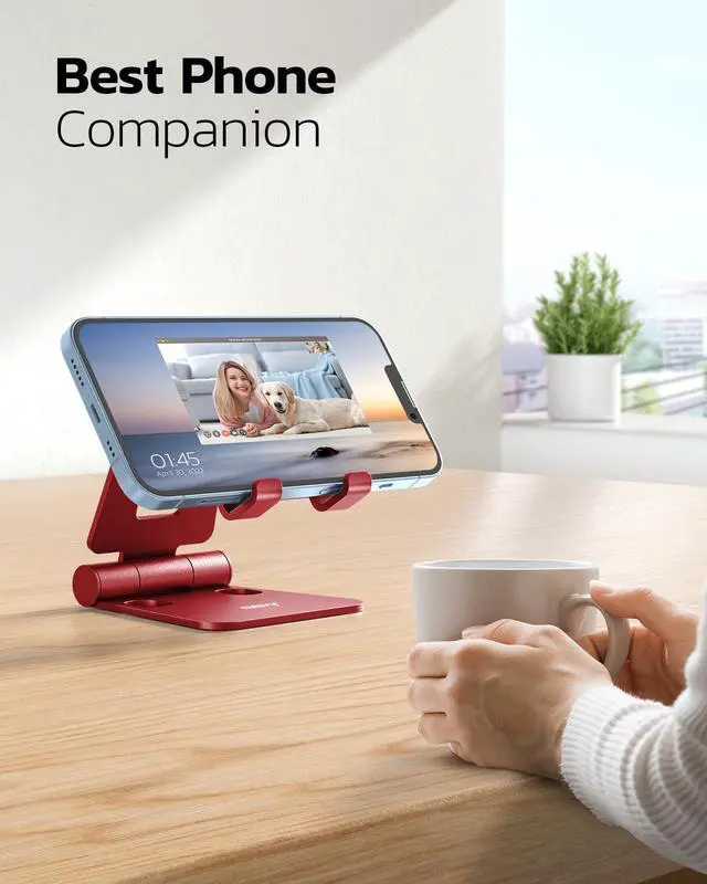 Alt view image 6 of 6 - Dual Folding Cell Phone Stand, Fully Adjustable Foldable Desktop Phone Holder Cradle Dock Compatible with iPhone 17 16 15 14 13 12 11 Pro Max Xs Xr X 8, Nintendo Switch, All Phones - Red