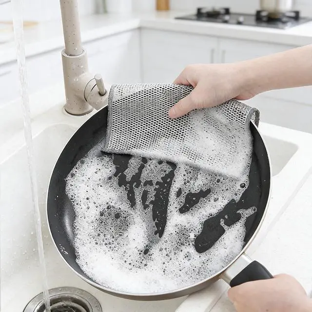 Alt view image 3 of 7 - Double Layer Steel Wire Dishcloth,Non Scratch Multipurpose Dishwashing Rag,Wet and Dry Kitchen Dish Cloths,Cookware, Microwave, Stovetop, Reusable,Scrubber Cloth 7.87'' x 7.87''