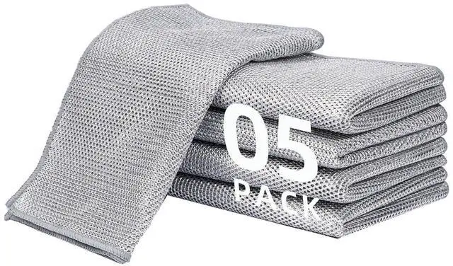Main image of 5 Pack Extra Large Non Scratch Wire Dishcloths, 30x30cm Double-Layer Silver Thread Kitchen Cleaning Rags, Dual-Sided Wet & Dry Reusable Steel Wire Dish Cloths for Cookware, Sinks, Stovetops