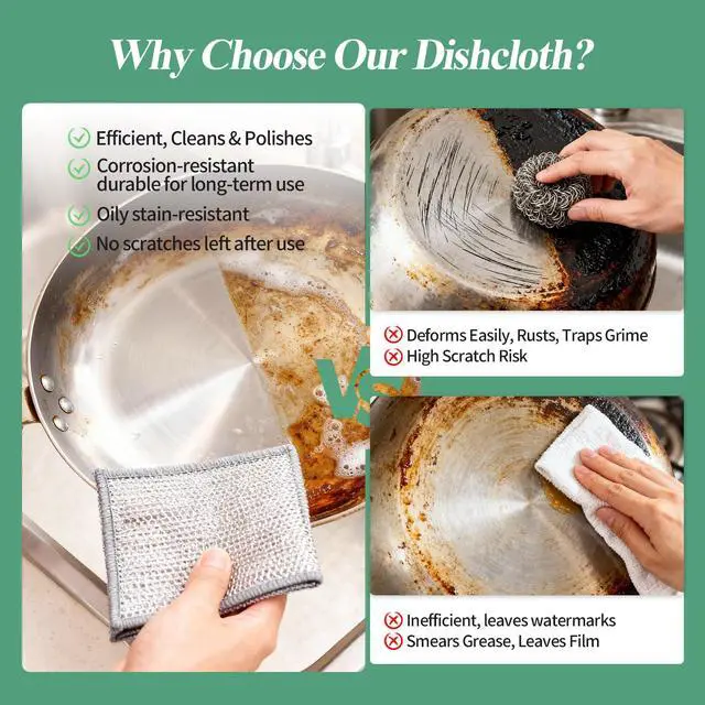Alt view image 3 of 6 - 10PCS Non-Scratch Wire Dishcloth,Silver Mesh Dish Cloths with Diamond Weave, Reusable Multipurpose Wire Dishwashing Rags for Cookware, Glass Stovetops, and Enamel Surfaces