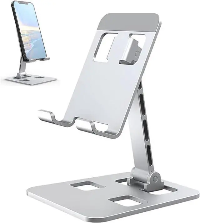 Main image of Foldable Adjustable Cell Phone Stand, Aluminum Alloy Anti-Slip Desktop Phone Holder, Portable Universal Cradle Compatible with iPhone Android Smartphone Tablet Nintendo Switch for Home Office Travel