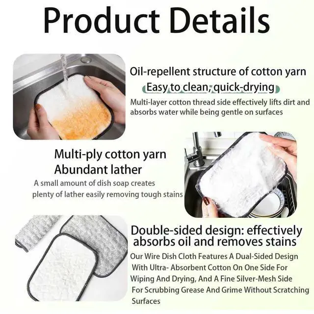 Alt view image 3 of 6 - 10Pcs Double-Sided Thickened Wire Dishwashing Rags - Non Scratch Wire Dishcloth for Wet and Dry & Line Cleaning Cloth for Dishes, Pots, Sinks & Kitchen Surfaces
