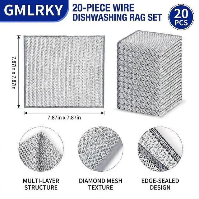 Alt view image 2 of 5 - 20 Pcs Value Pack Non Scratch Steel Wire Dishcloth, 7.87"x7.87" 2-Layer Multipurpose Rags - Reusable for Kitchen Dishes, Sinks, Stove Tops, Safe for Non-Stick