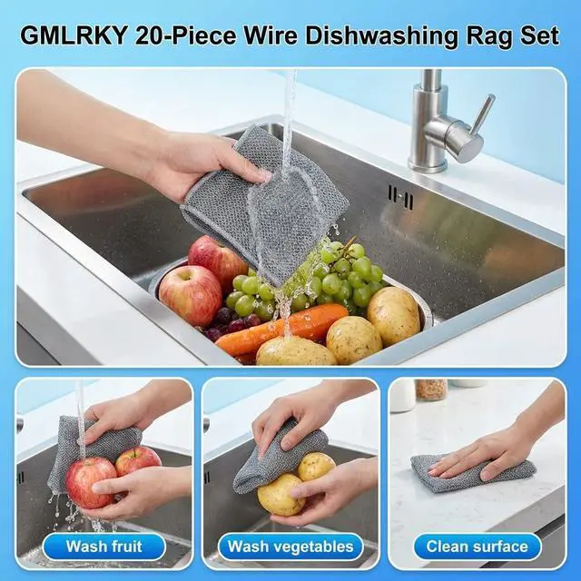 Alt view image 4 of 5 - 20 Pcs Value Pack Non Scratch Steel Wire Dishcloth, 7.87"x7.87" 2-Layer Multipurpose Rags - Reusable for Kitchen Dishes, Sinks, Stove Tops, Safe for Non-Stick