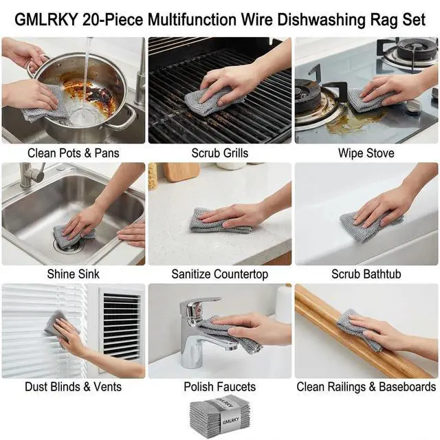 Alt view image 5 of 5 - 20 Pcs Value Pack Non Scratch Steel Wire Dishcloth, 7.87"x7.87" 2-Layer Multipurpose Rags - Reusable for Kitchen Dishes, Sinks, Stove Tops, Safe for Non-Stick